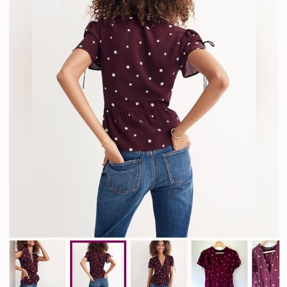Madewell Silk Belle Star Mix Burgundy Button Top - Picture 3 of 9